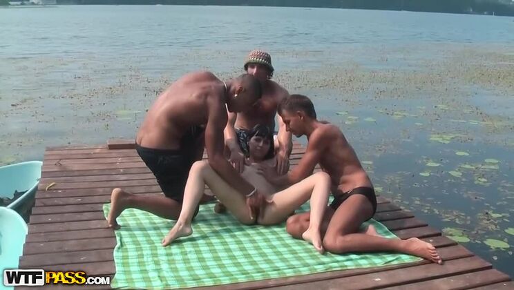 Hot Russian Brunette Gangbang on the Pier - Anal & Facial