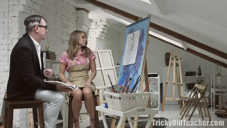 Brunette teacher Vlada takes big cock from young dad
