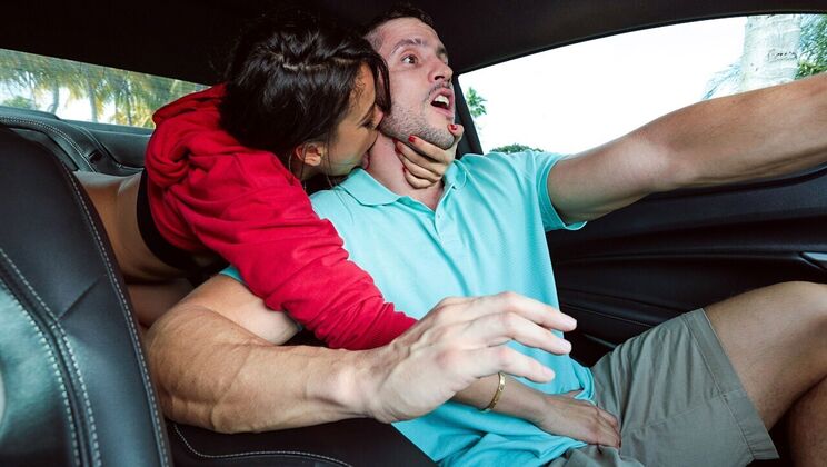 Big Tits Brunette Rides Driver's Hard Cock