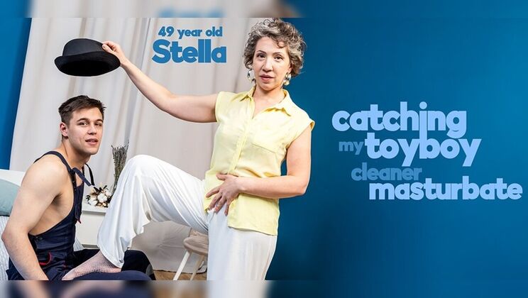 Mature cougar with short hair catches young stud masturbating and takes his cock in her pussy