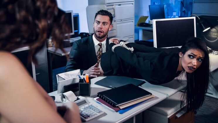 Shaved Pussy Threesome: Innies and Outies Fucked in Office
