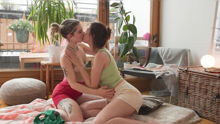 Oiled up Alice T and Mary H kiss and finger for orgasm